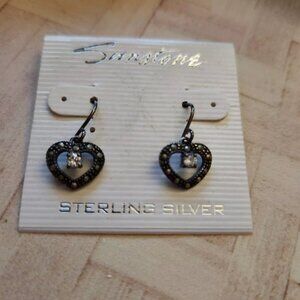 Sunstone sterling silver heart earrings marcasite and crystal jewelry